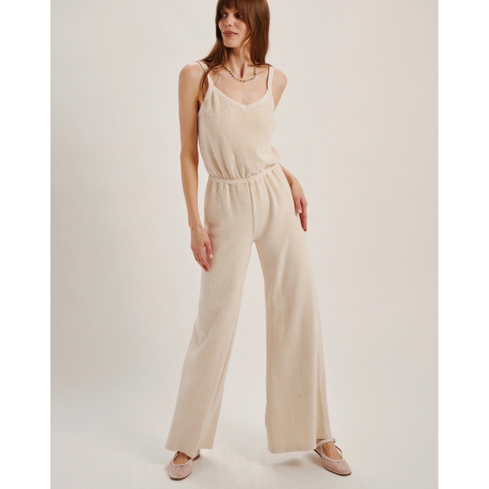 Suzie Kondi Jumpsuit Medium Women Oatmeal Good Velour Wide Leg Spaghetti Strap - Picture 2 of 10